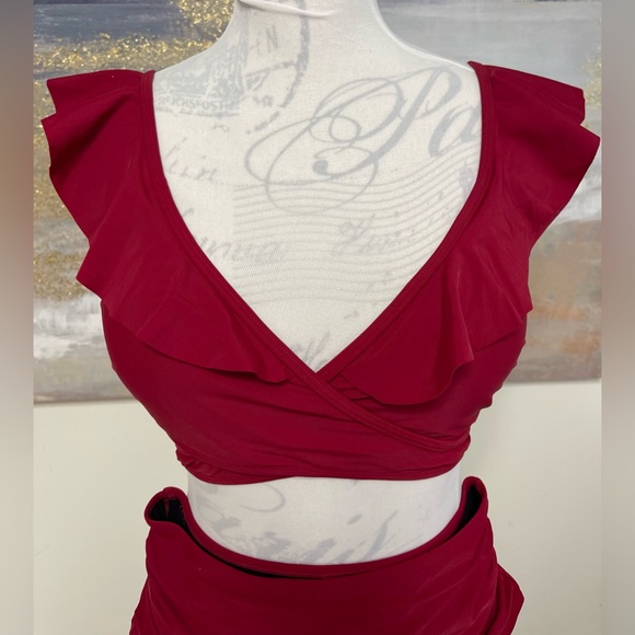 Al'MAGE Women High Waisted 2 piece Bikini, Tummy Control, Dark Red Size M - Picture 5 of 11